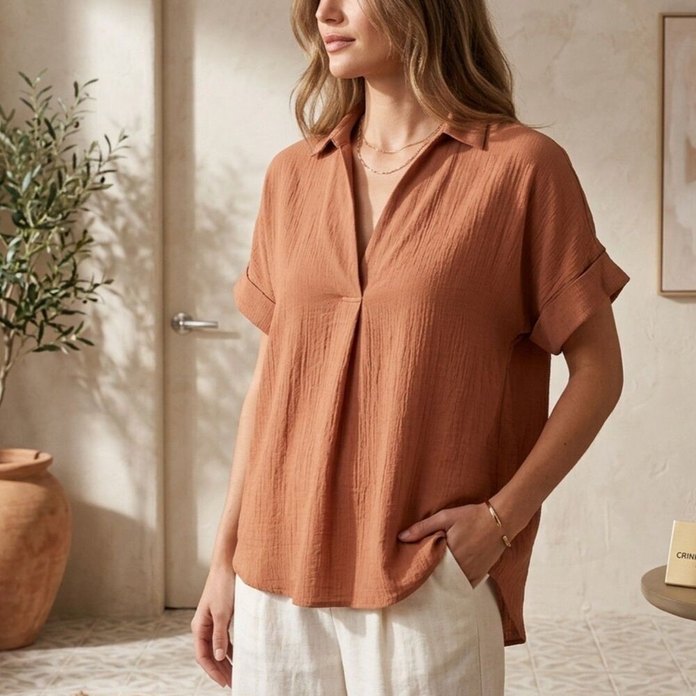 HYFVE Women Size S Terracotta Rust Gauze Cotton V-Neck Short Sleeve Top Blouse